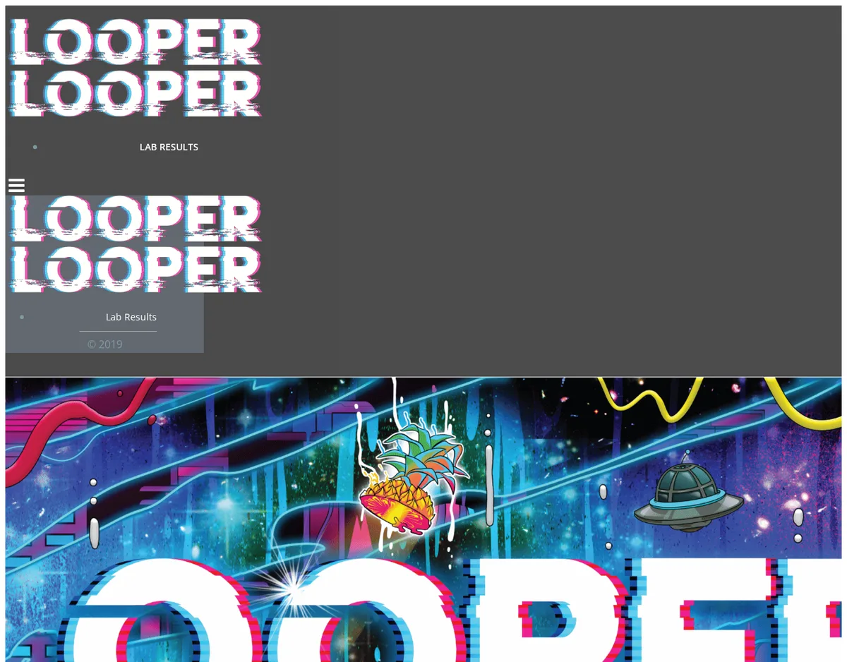 The first archived looperverse.com page, August 2022: a glitch-style LOOPER logo, a Lab Results link, a 2019 footer, and a neon space banner with a pineapple and a flying saucer.
