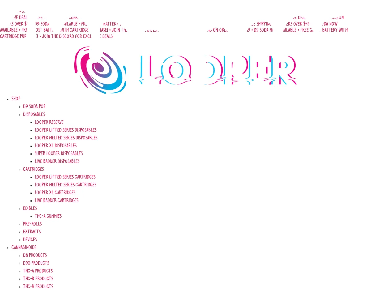 The looperverse.com header in July 2025: the round pink and blue swirl logo and LOOPER lettering, above a menu of D9 Soda Pop, disposables, cartridges, edibles, and a Cannabinoids menu listing D8, D90, THC-A, THC-B and THC-H products.