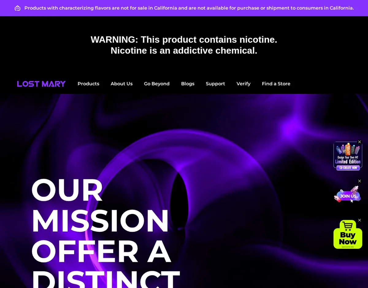 The About Us page in October 2026 under a purple banner reading that products with characterizing flavors are not for sale in California, a nicotine warning, and a headline beginning OUR MISSION OFFER A DISTINCT.