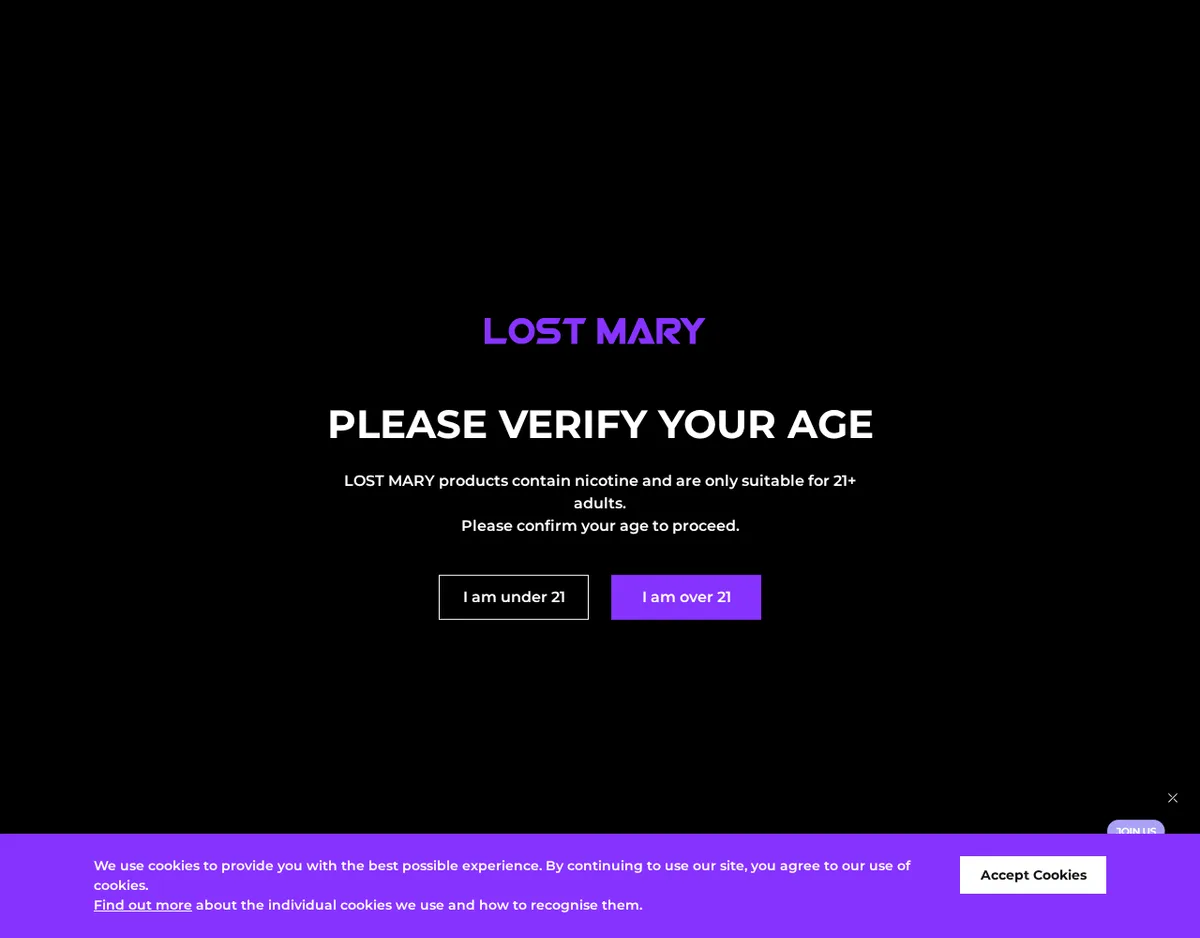 A black screen with the LOST MARY logo, PLEASE VERIFY YOUR AGE, a line saying products contain nicotine and are only suitable for adults over 21, and two buttons, I am under 21 and I am over 21.