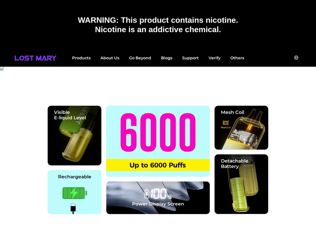 The BM6000 product page in June 2024: panels for visible e-liquid level, up to 6000 puffs, mesh coil, rechargeable, a power display screen showing 100 percent, and detachable battery.