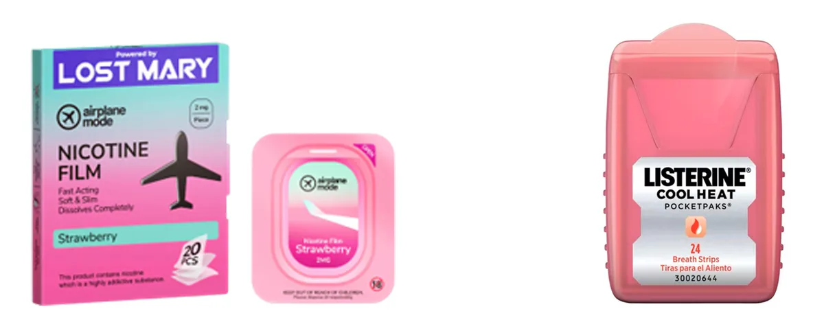 From an FDA image of lookalike products: a pink and teal box reading Powered by LOST MARY, airplane mode, NICOTINE FILM, Strawberry, 20 pcs, with a single pink sachet, beside a pink Listerine Cool Heat breath-strip pack.