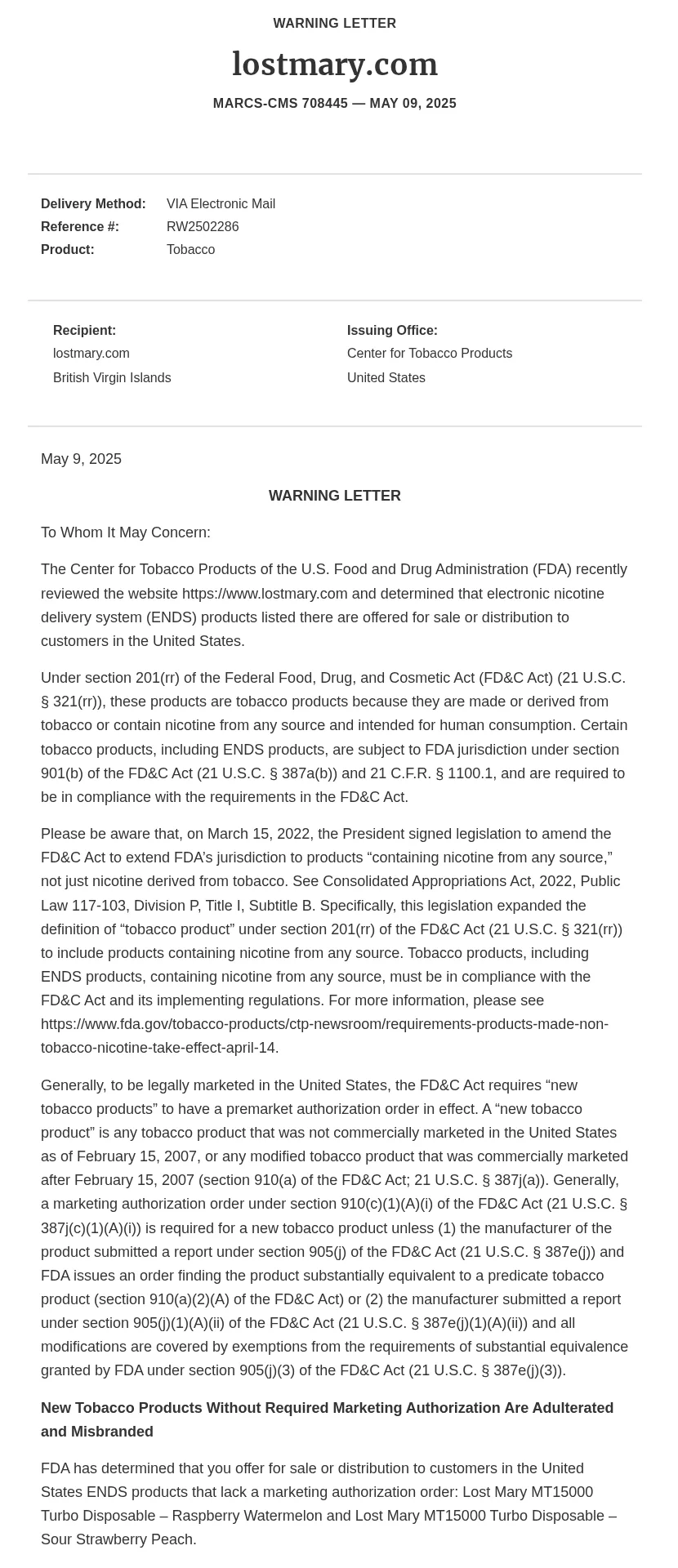 The FDA warning letter page headed lostmary.com, MARCS-CMS 708445, May 09, 2025, recipient lostmary.com, British Virgin Islands, from the Center for Tobacco Products, citing two Lost Mary MT15000 Turbo flavors as lacking marketing authorization.