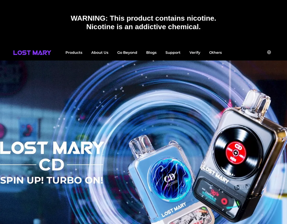 The lostmary.com home page in April 2024: a nicotine warning across the top, a menu of Products, About Us, Go Beyond, Blogs, Support, Verify and Others, and a banner for LOST MARY CD, Spin Up! Turbo On!, showing two devices with a round screen drawn as a vinyl record.