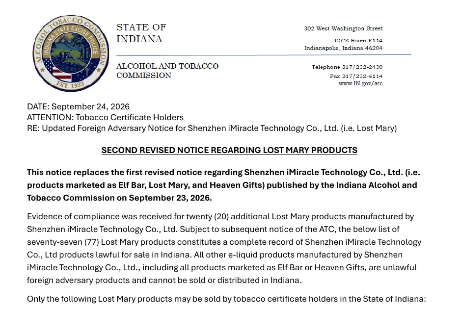 The first page of an Indiana Alcohol and Tobacco Commission notice dated September 24, 2026: Updated Foreign Adversary Notice for Shenzhen iMiracle Technology Co., Ltd. (i.e. Lost Mary), saying 77 Lost Mary products are lawful for sale and all products marketed as Elf Bar or Heaven Gifts are not.