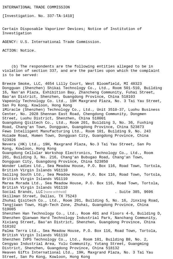 Part of the Federal Register notice of July 2024 instituting ITC investigation 337-TA-1410, listing respondents including VapeOnly Technology, iMiracle (Shenzhen) Technology of Luohu District, Nevera (HK) and Heaven Gifts International at 19H Maxgrand Plaza, and four companies at Sea Meadow House, Road Town, Tortola. One registered agent's name is blanked.