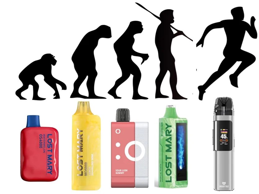 A meme in the style of the march of progress: five silhouettes from ape to running man above five devices, a red Lost Mary OS4000, a yellow MO5000, a pink pod device, a green MO20000 with a screen, and a silver pod kit with a TURBO display.