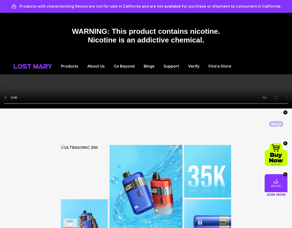 The Ultrasonic 35K page in December 2025, topped by the California flavor notice and a nicotine warning, with product photos of a blue and a red device and a tile reading 35K; side widgets read Join Us, Buy Now Sponsored Ads and ebclub Join Now.
