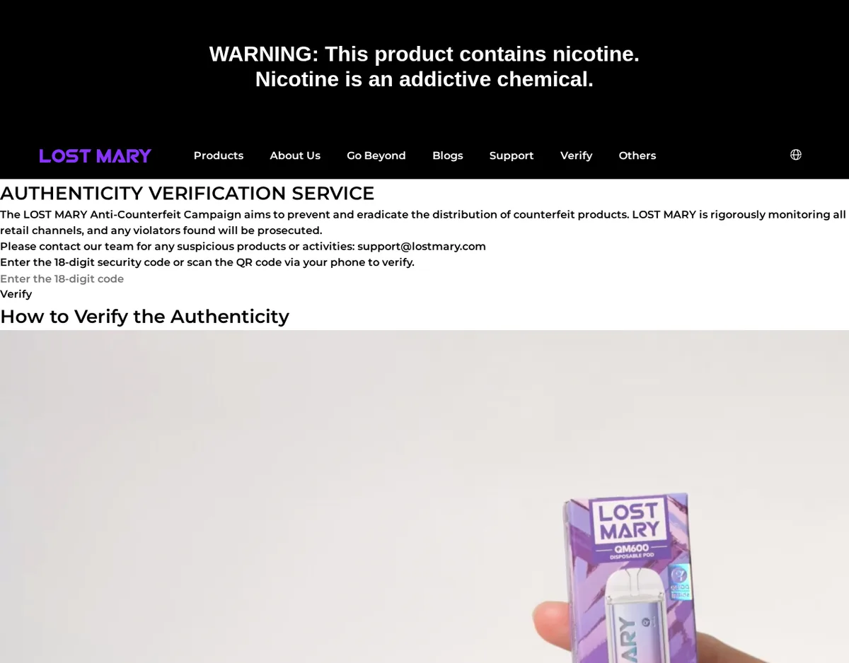 The Authenticity Verification Service page in April 2024: text about the Lost Mary anti-counterfeit campaign, a box to enter an 18-digit security code, and a photo of a hand holding a QM600 disposable pod box with a scratch label.