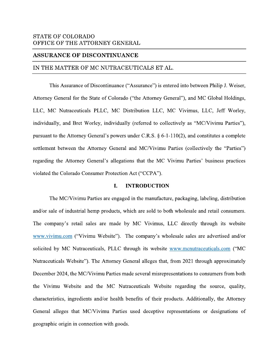 The first page of the State of Colorado Assurance of Discontinuance In the Matter of MC Nutraceuticals et al., naming MC Global Holdings, MC Nutraceuticals PLLC, MC Distribution LLC, MC Vivimus LLC and two individuals, and stating the Attorney General alleges misrepresentations from 2021 through approximately December 2024 on both websites.