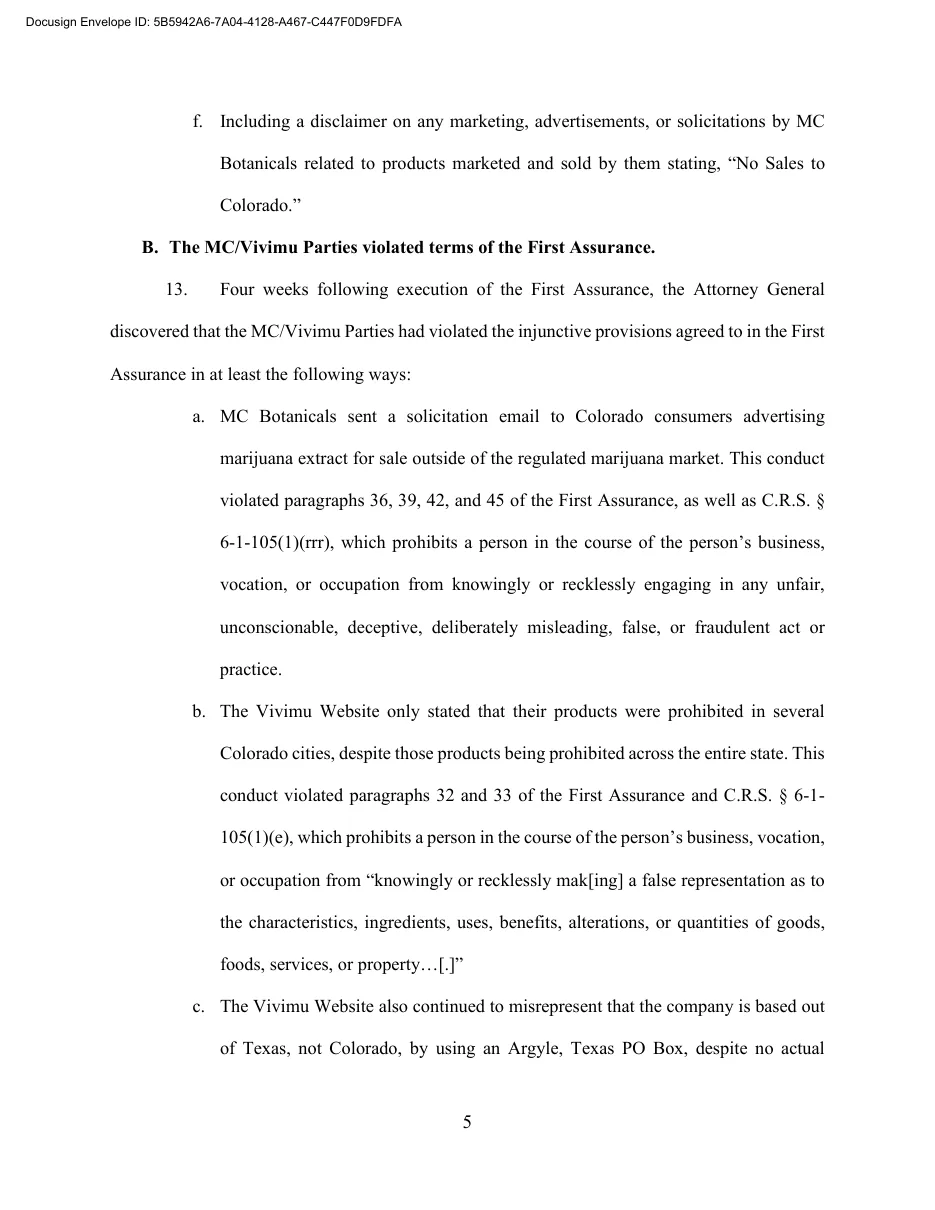 Page 5 of Colorado's Second Assurance of Discontinuance, headed The MC/Vivimu Parties violated terms of the First Assurance, listing a solicitation email to Colorado consumers advertising marijuana extract, a website that said its products were banned only in some Colorado cities, and continued use of an Argyle, Texas PO box.