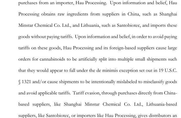 A passage from Asterra Labs' amended counterclaim alleging, upon information and belief, that Hau Processing obtains raw ingredients from suppliers in China such as Shanghai Minstar Chemical and Lithuania such as Santobiotec, splits orders into small shipments to fall under the de minimis exception in 19 U.S.C. 1321, and mislabels shipments to avoid tariffs.