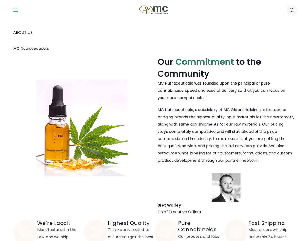 The MC Nutraceuticals About Us page in December 2023, headed Our Commitment to the Community, saying the company is a subsidiary of MC Global Holdings and outsources white labeling through a partner network, with a black and white portrait captioned Bret Worley, Chief Executive Officer.