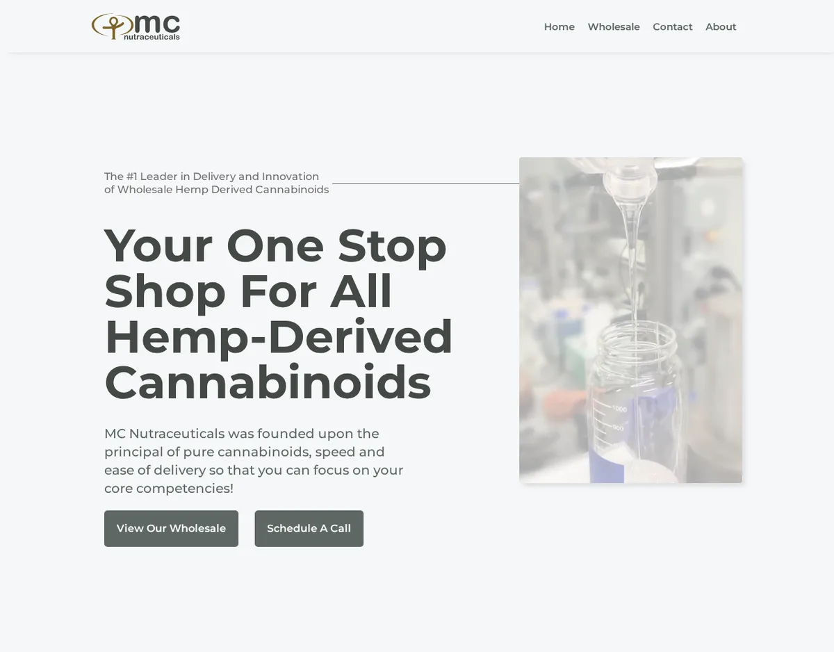 The MC Nutraceuticals home page in November 2021: a gold and grey MC logo, the line The #1 Leader in Delivery and Innovation of Wholesale Hemp Derived Cannabinoids, a large headline Your One Stop Shop For All Hemp-Derived Cannabinoids, and a photo of clear oil pouring into a lab jar.