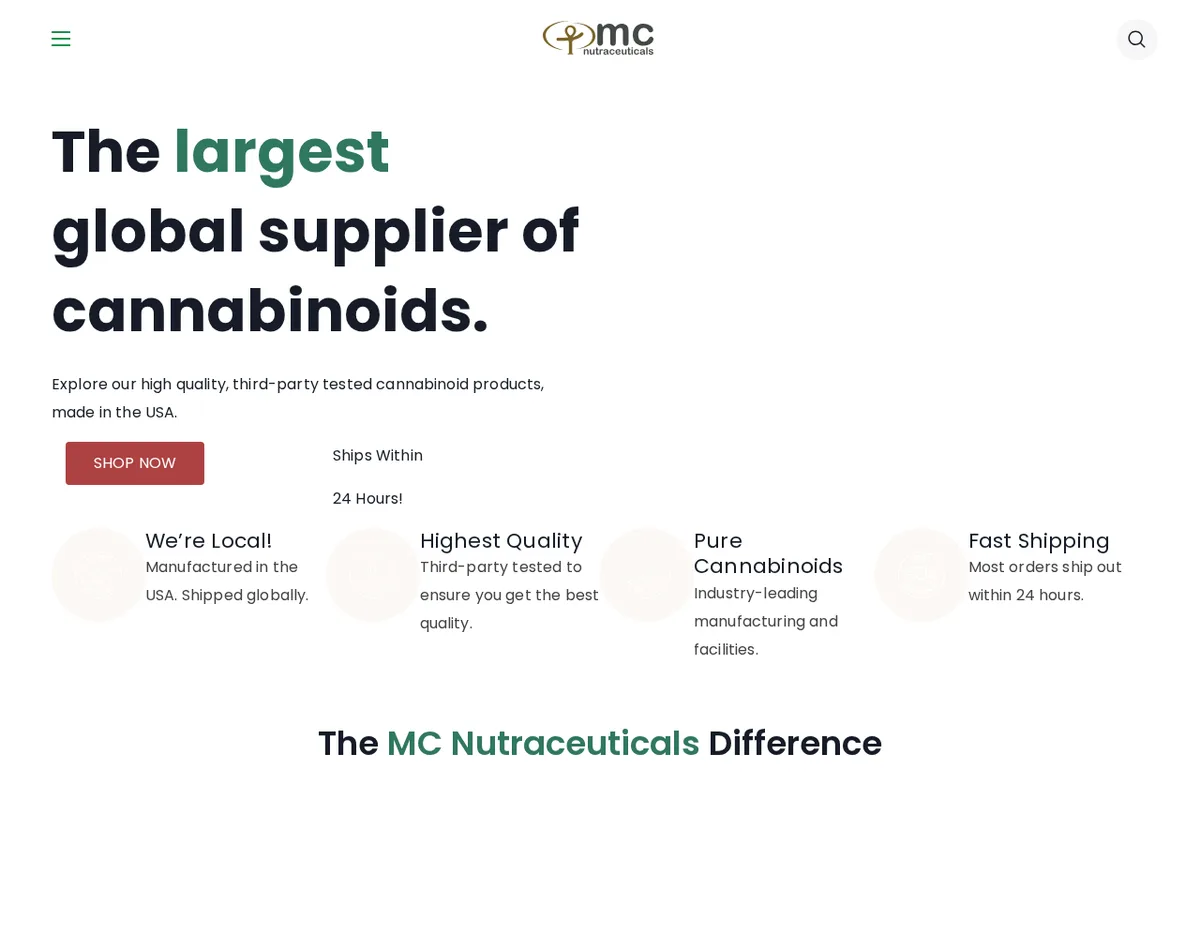 The MC Nutraceuticals home page in August 2026, a large headline reading The largest global supplier of cannabinoids, with lines Explore our high quality, third-party tested cannabinoid products, made in the USA, and badges for We're Local, Highest Quality, Pure Cannabinoids and Fast Shipping.