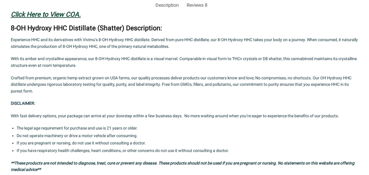 The description tab of Vivimu's 8-OH Hydroxy HHC Distillate (Shatter) page in April 2024, with a link reading Click Here to View COA and a paragraph beginning Crafted from premium, organic hemp extract grown on USA farms.