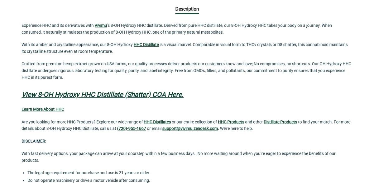 The same Vivimu product description in June 2025, now reading Crafted from premium hemp extract grown on USA farms, without the word organic, followed by a link to view the certificate and a customer service phone number with a 720 area code.