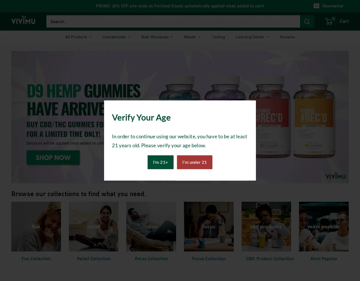The Vivimu home page in January 2022 behind a Verify Your Age pop-up with two buttons, I'm 21+ and I'm under 21, over a banner reading D9 Hemp Gummies Have Arrived and a promotion for 40 percent off finished goods.