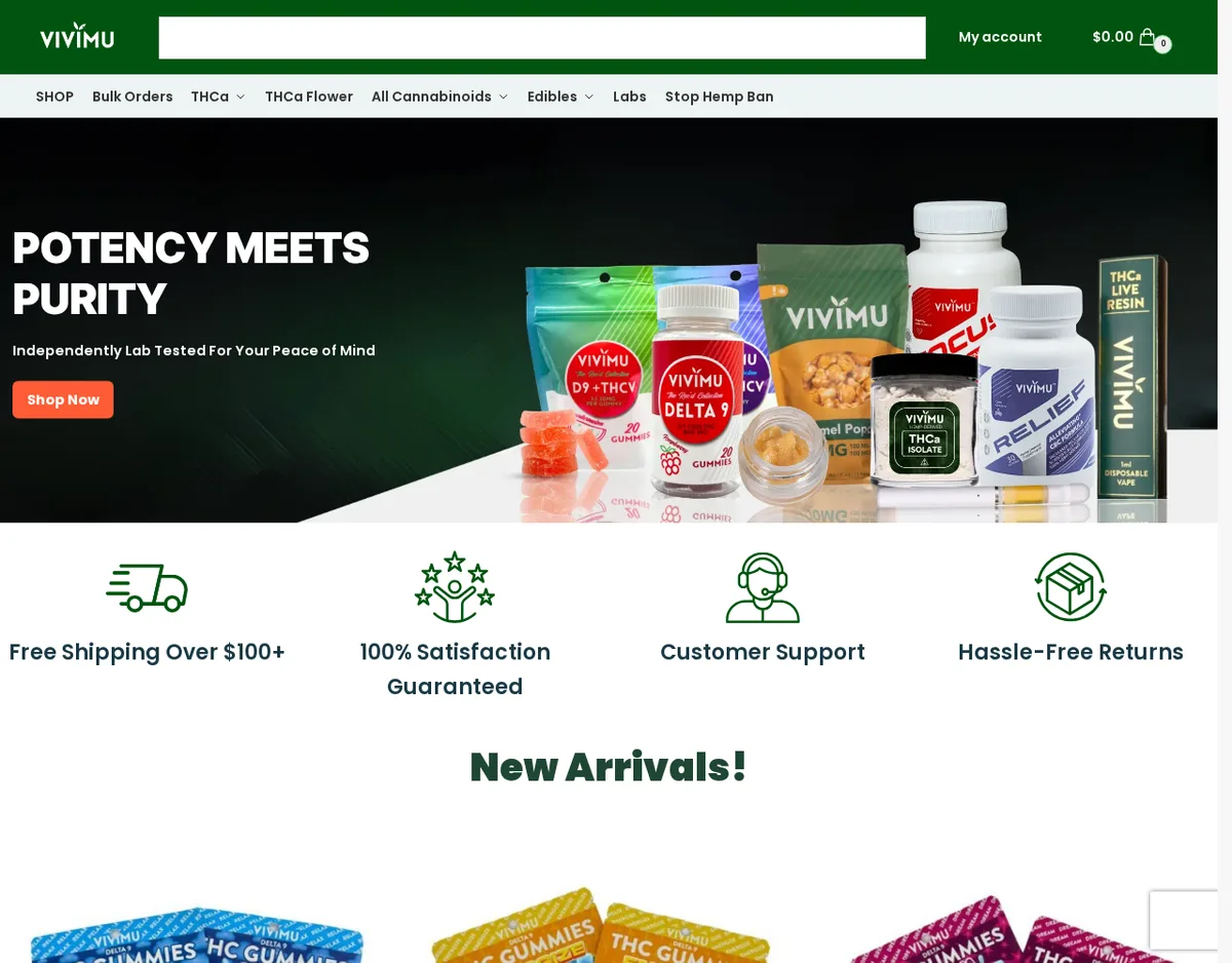 The Vivimu home page in July 2026: a green header with a menu reading SHOP, Bulk Orders, THCa, THCa Flower, All Cannabinoids, Edibles, Labs and Stop Hemp Ban, and a banner reading Potency Meets Purity over Vivimu gummy bags, softgels, a THCA isolate jar and a THCA live resin disposable.