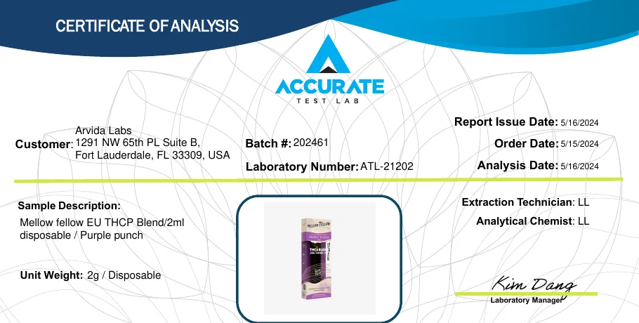The top of an Accurate Test Lab certificate dated 16 May 2024: customer Arvida Labs, 1291 NW 65th PL Suite B, Fort Lauderdale; sample Mellow fellow EU THCP Blend 2ml disposable, Purple punch; a photo of the boxed disposable.