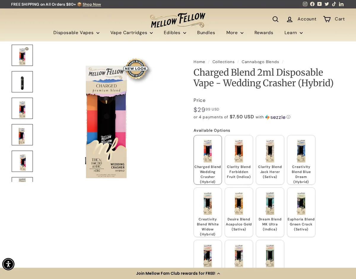 The Charged Blend 2 ml disposable product page: a box reading Mellow Fellow, Charged premium blend, THCV, H4CBD and HHC plus CBG, Wedding Crasher hybrid, beside a grid of other blends in the same packaging.