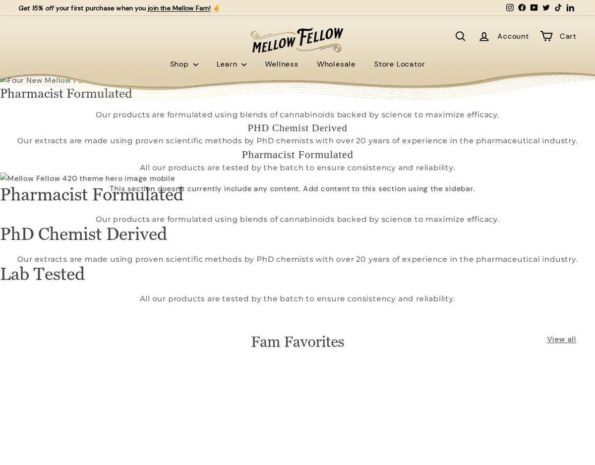 The mellowfellow.fun home page in April 2024 under the Mellow Fellow logo, with the headings Pharmacist Formulated, PhD Chemist Derived and Lab Tested.