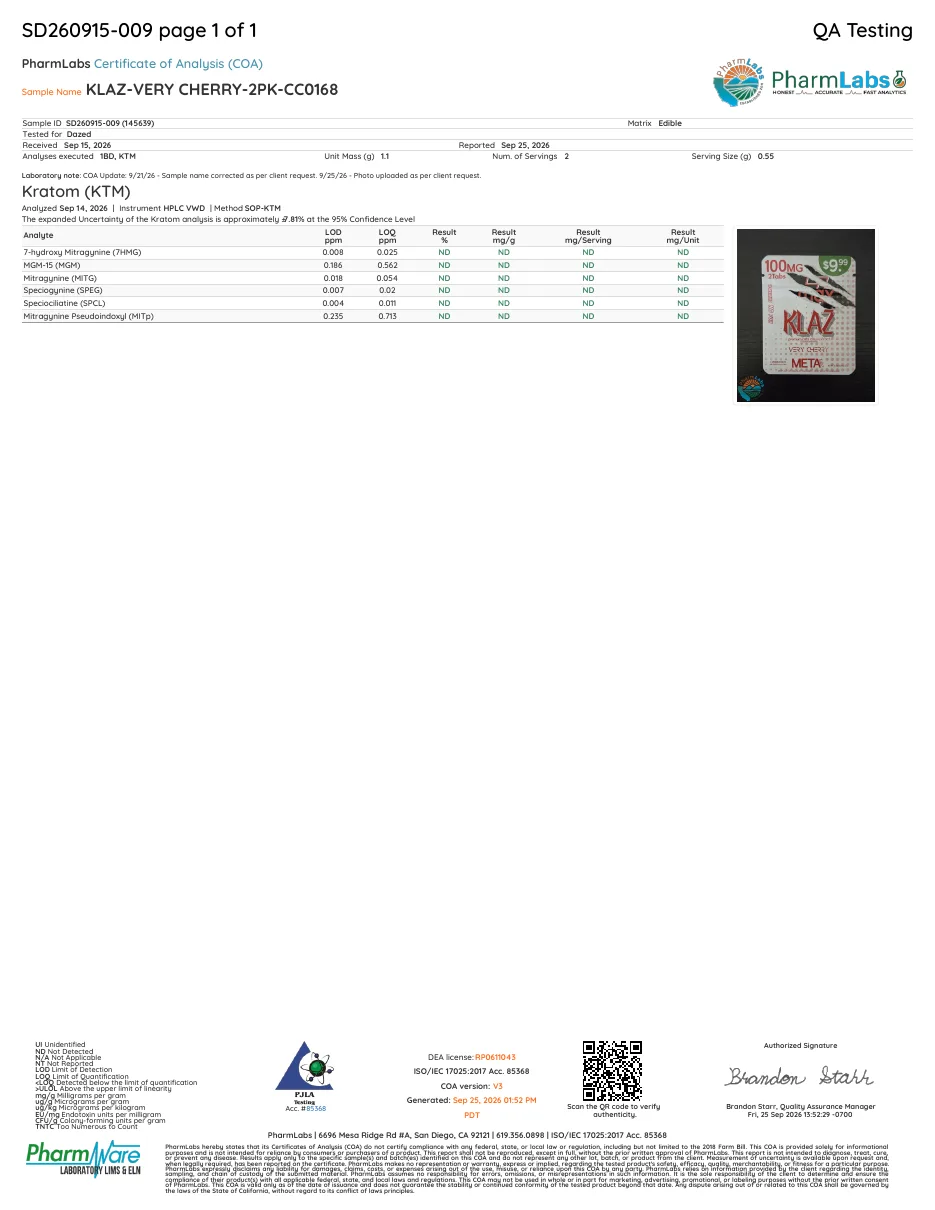 PharmLabs certificate SD260915-009, sample KLAZ-VERY CHERRY-2PK-CC0168, tested for Dazed, received September 15, 2026, reported September 25; analyses executed 1BD and KTM; a laboratory note: COA update 9/21/26, sample name corrected as per client request, 9/25/26, photo uploaded as per client request; the kratom table, analysed September 14, 2026, all not detected.