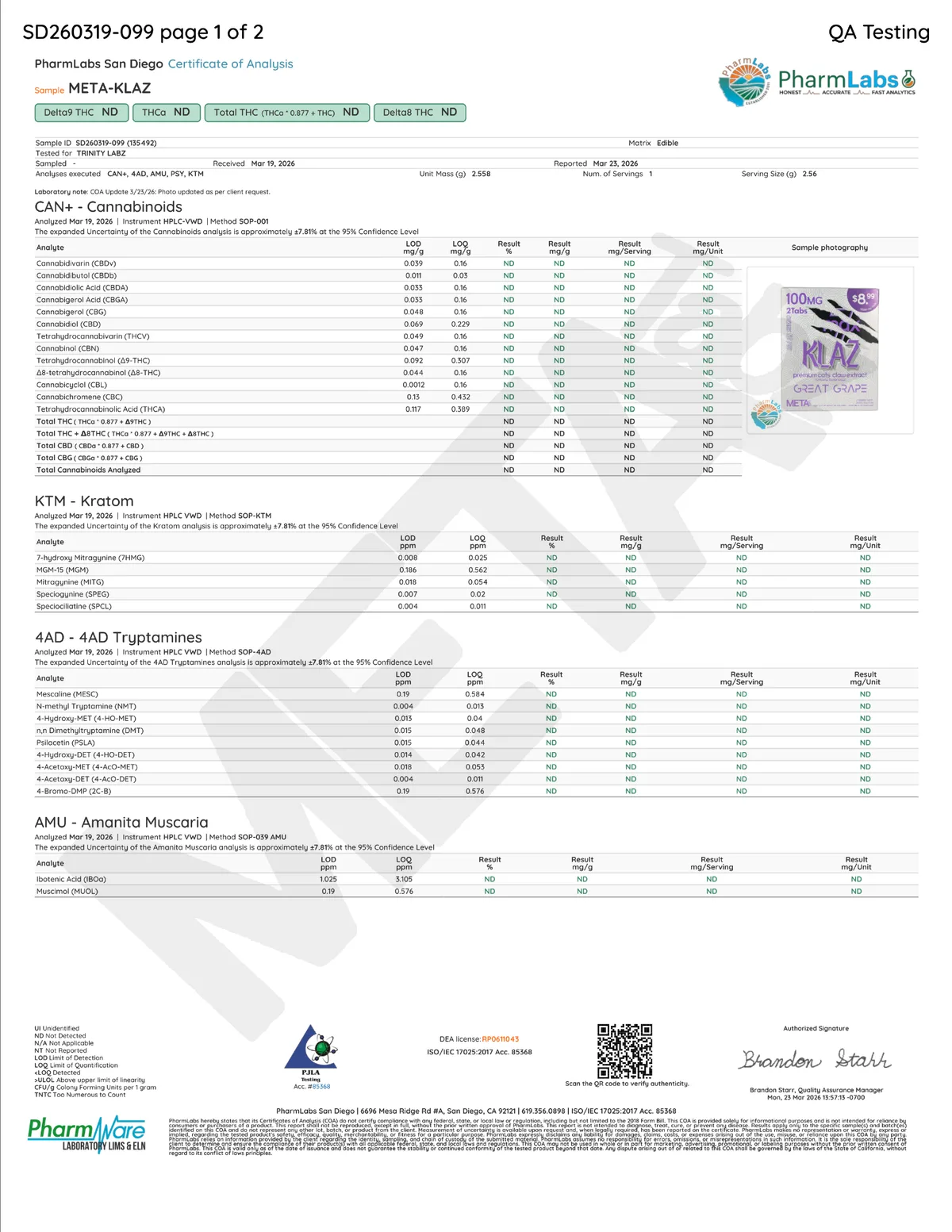 PharmLabs San Diego certificate SD260319-099, sample META-KLAZ, tested for TRINITY LABZ, received March 19, 2026, unit mass 2.558 g: cannabinoids and the kratom panel not detected, with a photograph of a 100 mg 2-tab KLAZ Great Grape pack; a note that the photo was updated at the client's request.