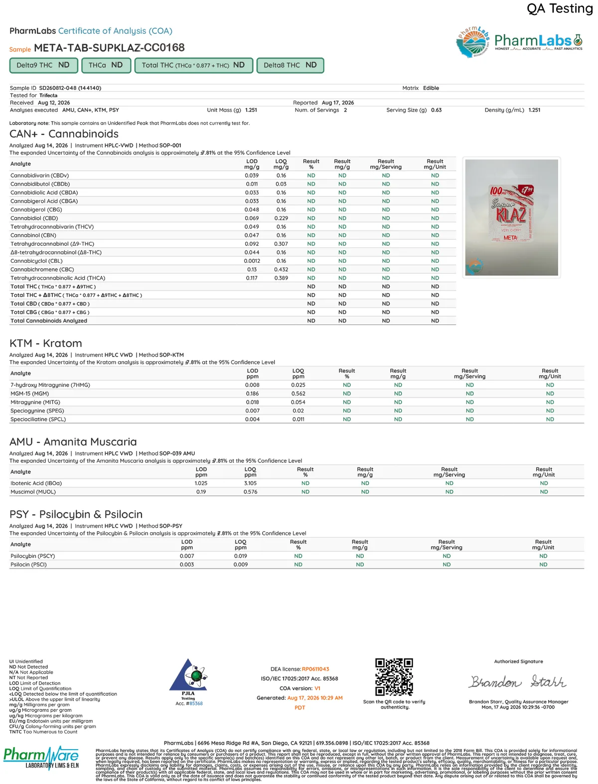 PharmLabs certificate SD260812-048, sample META-TAB-SUPKLAZ-CC0168, tested for Trifecta, received August 12, 2026, reported August 17: cannabinoids, the kratom panel, amanita and psilocybin all not detected, and a laboratory note that the sample contains an unidentified peak that PharmLabs does not currently test for; a photograph of a 100 mg Super KLAZ Very Cherry pack.