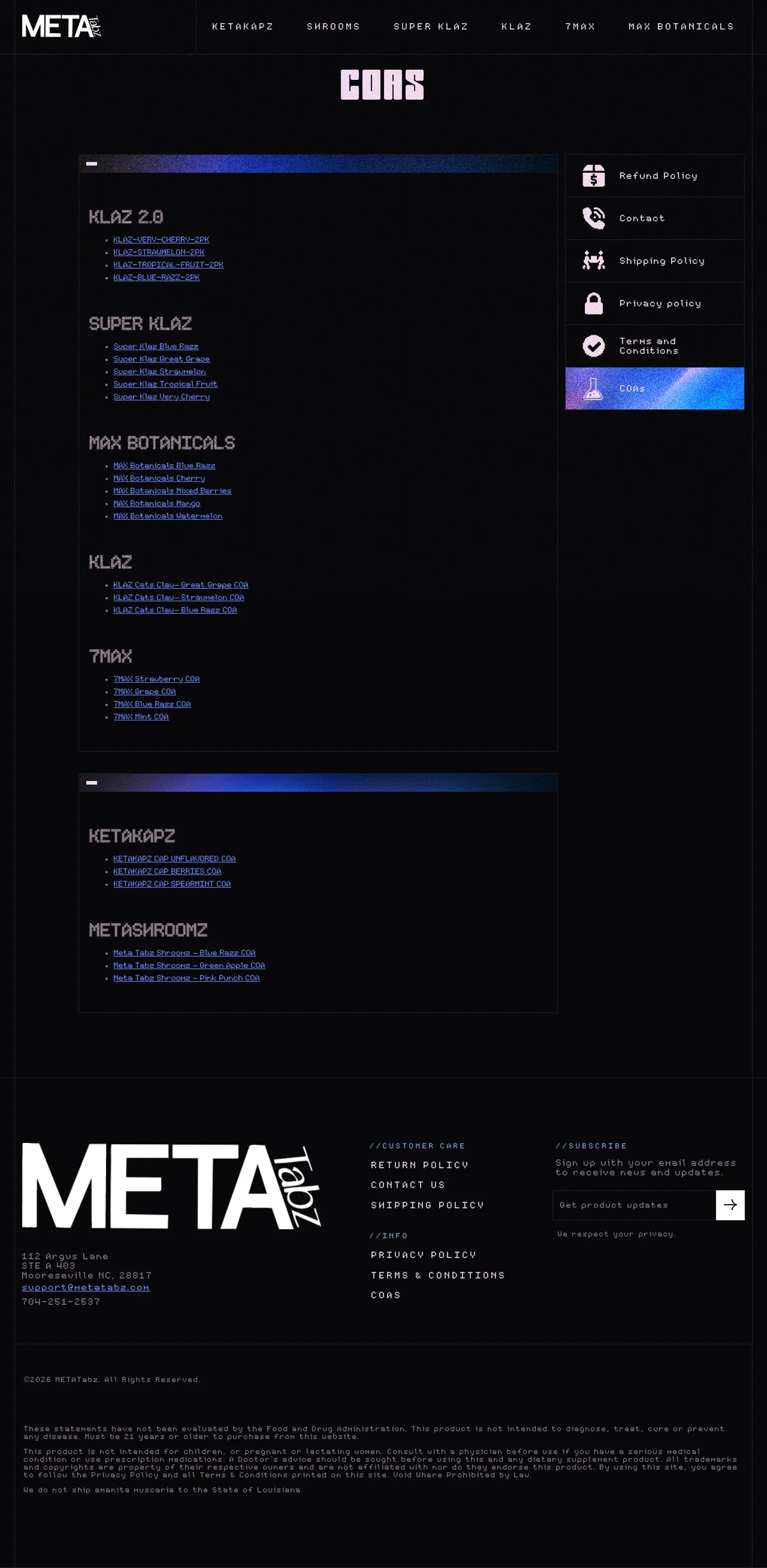 The Meta Tabz COAs page in October 2026: lists headed KLAZ 2.0 with four 2PK certificates, SUPER KLAZ with five flavours, MAX BOTANICALS with five, KLAZ with three, 7MAX with four, KETAKAPZ with three and METASHROOMZ with three; the footer gives 112 Argus Lane, STE A 403, Mooreseville NC, 28817.
