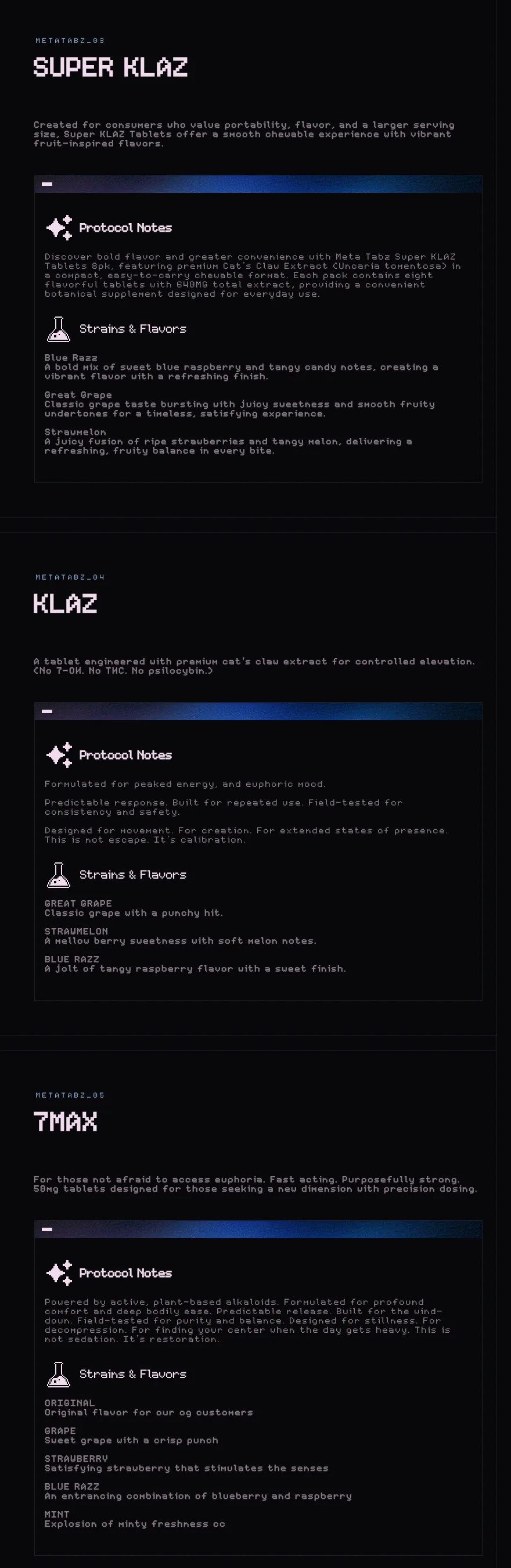 Three product panels from the same page: Super KLAZ, premium Cat's Claw Extract (Uncaria tomentosa), eight tablets with 640MG total extract; KLAZ, a tablet engineered with premium cat's claw extract for controlled elevation, No 7-OH, No THC, No psilocybin; and 7MAX, For those not afraid to access euphoria, fast acting, purposefully strong, 50mg tablets, powered by active, plant-based alkaloids.