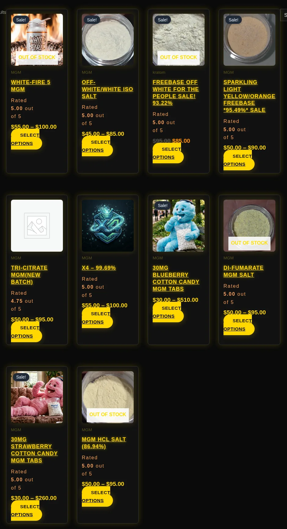 A grid of ten products under MGM: White-Fire 5, Off-White/White Iso Salt, Freebase Off White For The People 93.22%, Sparkling Light Yellow/Orange Freebase 95.49%, Tri-Citrate MGM, X4 99.69%, 30mg Blueberry Cotton Candy MGM Tabs, Di-Fumarate MGM Salt, 30mg Strawberry Cotton Candy MGM Tabs, MGM HCL Salt 86.94%, with ratings and prices.