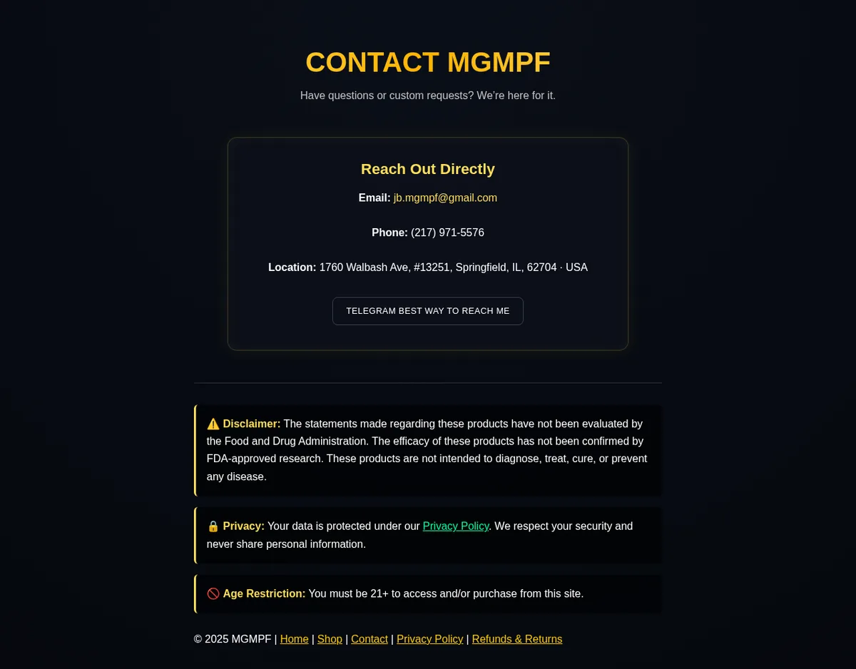 Contact MGMPF: an email address, a 217 telephone number, Location 1760 Walbash Ave, #13251, Springfield, IL, 62704, USA, and a button reading Telegram best way to reach me.