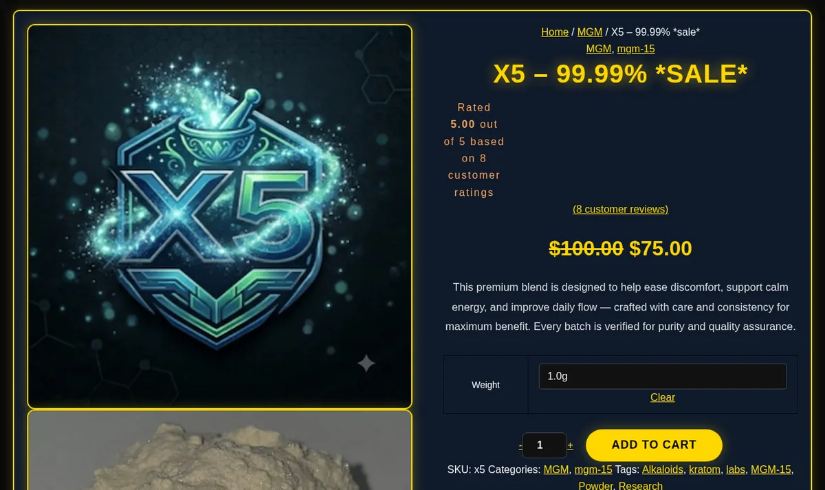 The X5 – 99.99% SALE listing: a glowing X5 emblem with a mortar and pestle, a photo of beige powder, rated 5.00 from 8 reviews, and the line This premium blend is designed to help ease discomfort, support calm energy, and improve daily flow. Every batch is verified for purity and quality assurance.