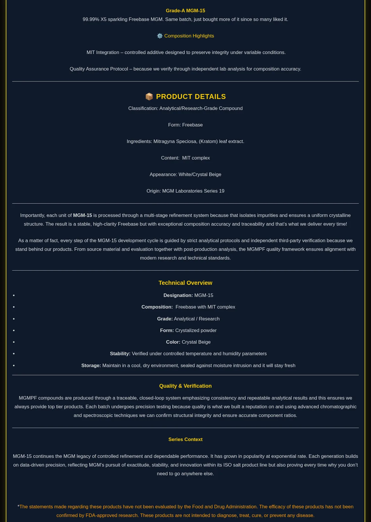 Product details: Classification Analytical/Research-Grade Compound; Form Freebase; Ingredients Mitragyna Speciosa (Kratom) leaf extract; Content MIT complex; Origin MGM Laboratories Series 19; paragraphs about independent third-party verification and chromatographic testing; then five-star reviews dated May 2026.