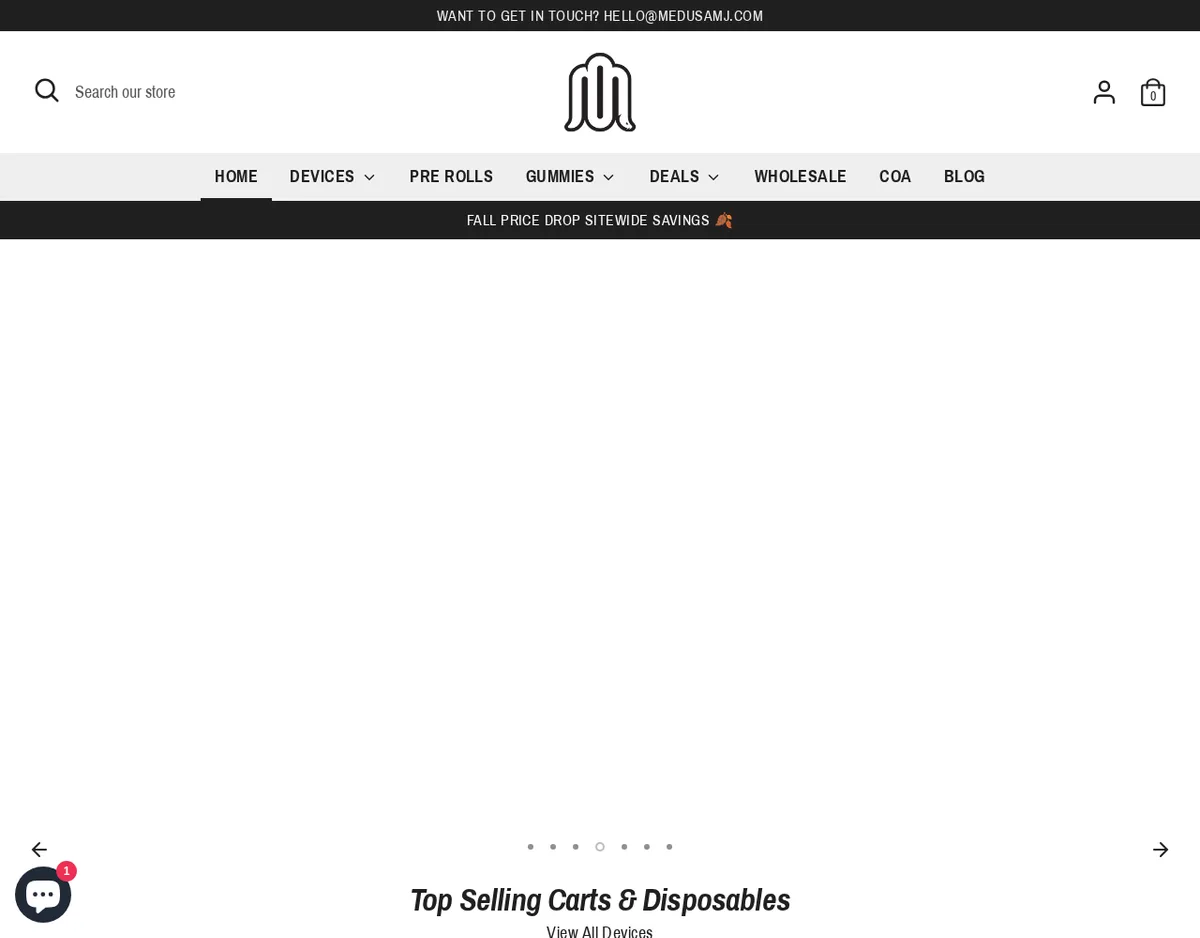 The medusad8.com home page in November 2022: a banner reading Want to get in touch? hello@medusamj.com, a black M logo whose right leg ends in a snake's tail, a menu of devices, pre rolls, gummies, deals, wholesale, COA and blog, and a strip reading Fall price drop sitewide savings.