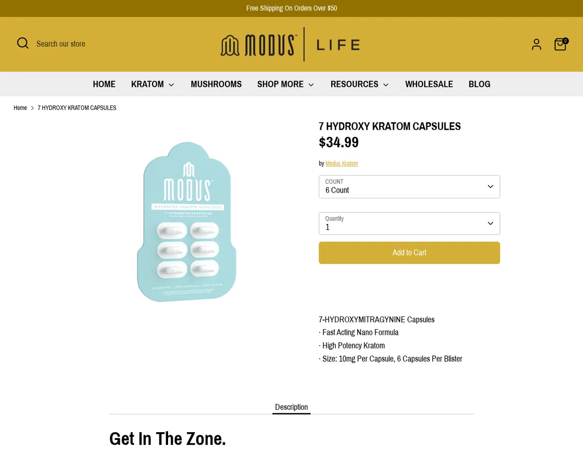 The Modus Life product page for 7 Hydroxy Kratom Capsules in July 2025: a light blue Modus blister card of six capsules, the price, by Modus Kratom, a count of 6, an Add to Cart button, and the lines 7-Hydroxymitragynine Capsules, Fast Acting Nano Formula, High Potency Kratom, Size: 10mg per capsule, 6 capsules per blister.