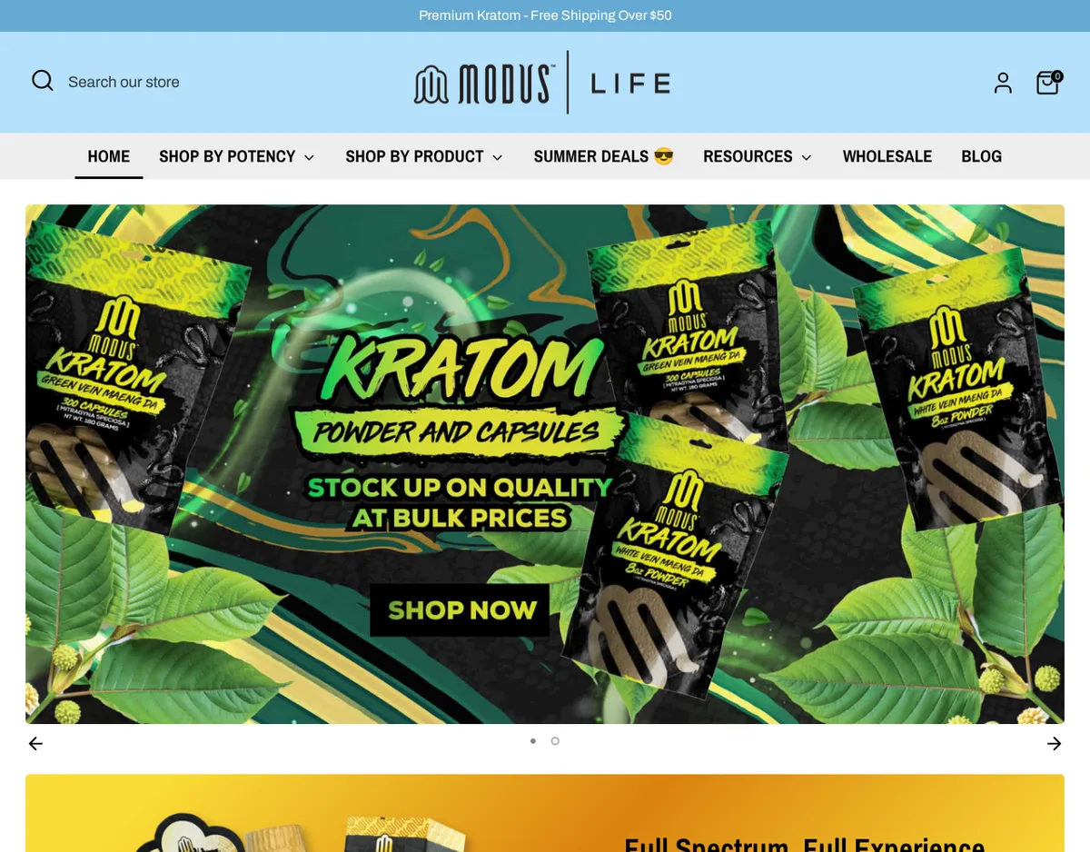 The Modus Life home page in August 2025: a banner of Modus kratom bags, green vein and white vein maeng da powder and capsules, reading Kratom powder and capsules, stock up on quality at bulk prices, with a menu of shop by potency, shop by product, summer deals, resources, wholesale and blog.