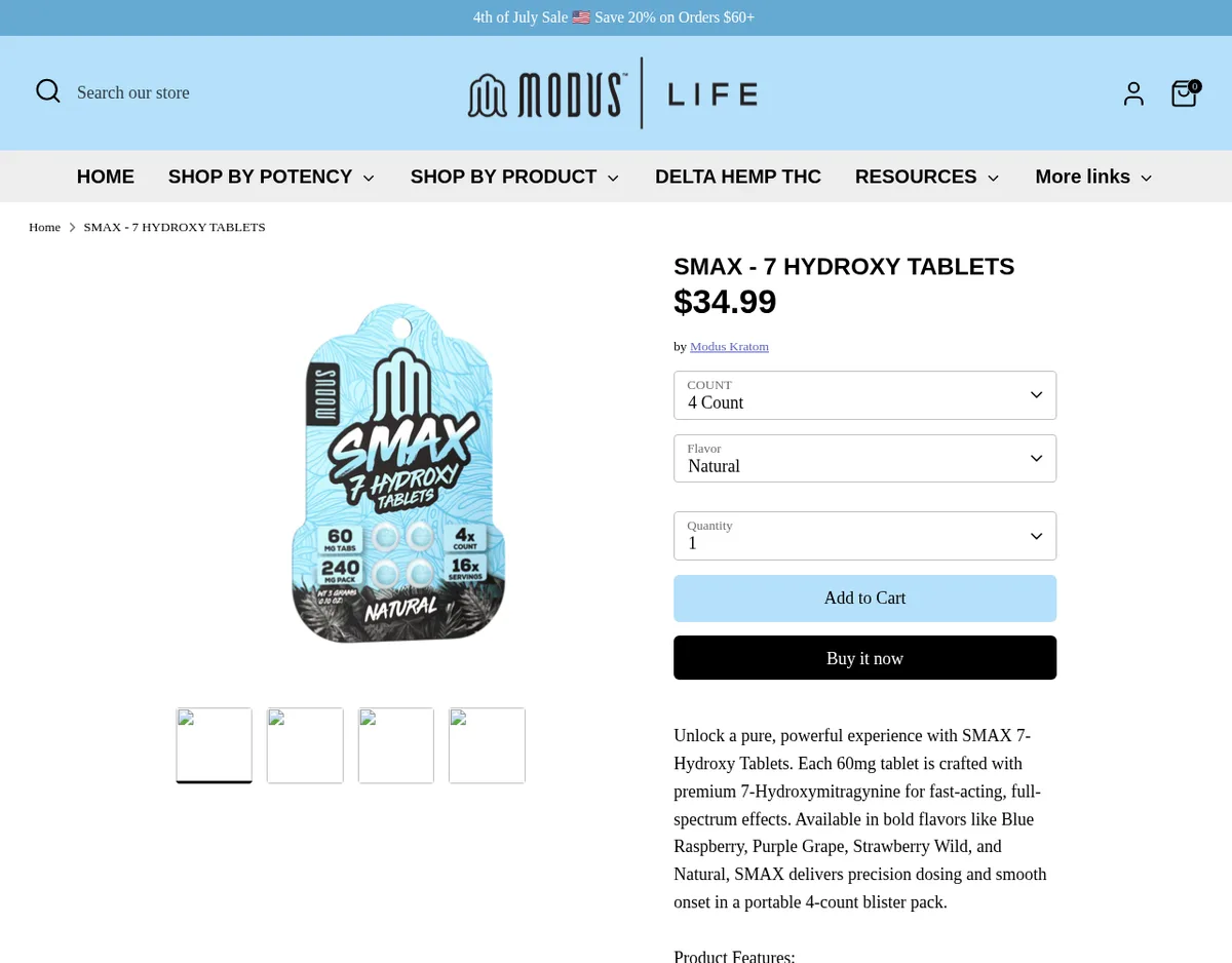 The Modus Life product page for Smax 7 Hydroxy Tablets in July 2025: a pale blue Smax card, 60 mg tabs, 240 mg pack, 4 count, 16 servings, Natural, and the text Each 60mg tablet is crafted with premium 7-Hydroxymitragynine for fast-acting, full-spectrum effects.