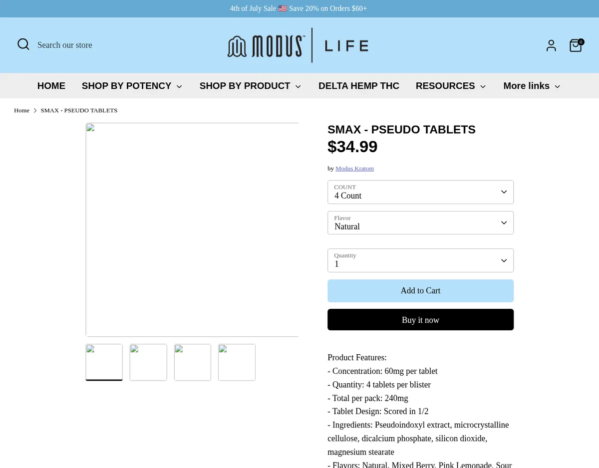 The Modus Life product page for Smax Pseudo Tablets in July 2025, its product image missing from the archive: by Modus Kratom, 4 count, Natural, and Product Features: concentration 60mg per tablet, 4 tablets per blister, total per pack 240mg, scored in half, ingredients pseudoindoxyl extract, microcrystalline cellulose, dicalcium phosphate, silicon dioxide, magnesium stearate.