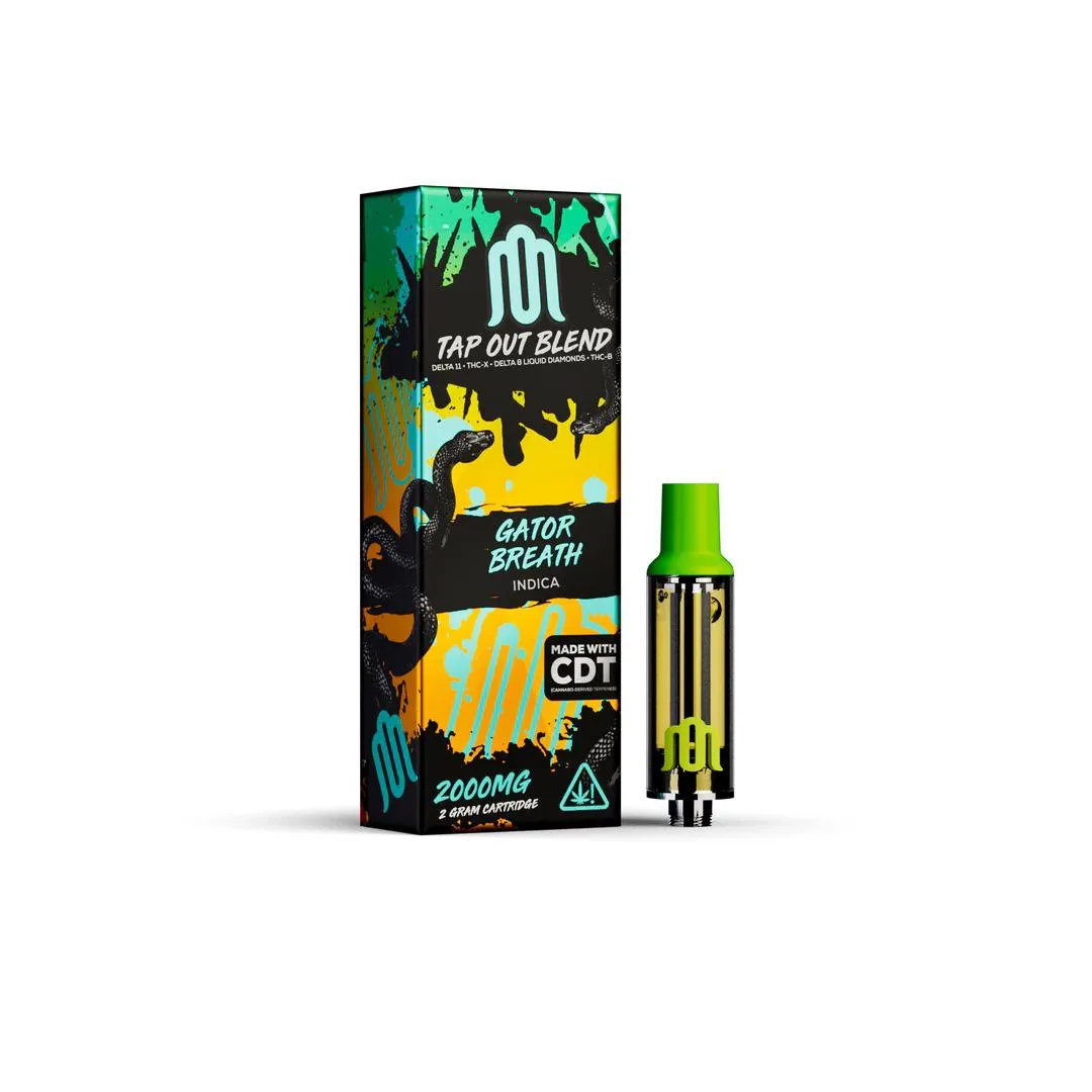 A product render of a 2 gram cartridge box: Tap Out Blend, Delta 11, THC-X, Delta 8 Liquid Diamonds, THC-B, Gator Breath, indica, made with CDT, 2000 mg, with black snakes coiled around the M logo.