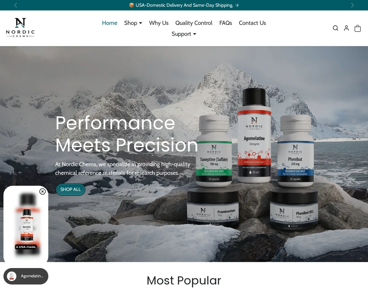 The Nordic Chems home page in February 2026: a banner reading USA-Domestic Delivery And Same-Day Shipping, a menu with Shop, Why Us, Quality Control, FAQs and Contact Us, and a photograph of a snowy mountain and a frozen shore with five white bottles and jars labelled Tianeptine (Sulfate) 100 mg, Agomelatine 25 mg/ml, Phenibut 250 mg, Pramiracetam and Phenibut HCl, each marked Research use only, Not for human consumption, beside the words Performance Meets Precision.