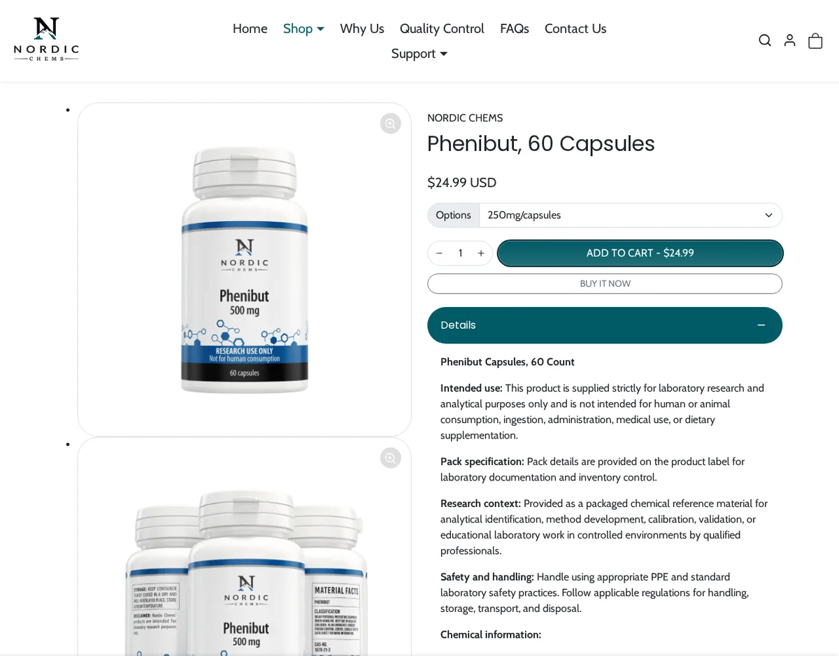 The Nordic Chems product page for Phenibut, 60 Capsules, in April 2026: a white bottle labelled Phenibut 500 mg, Research use only, Not for human consumption, 60 capsules; an options menu set to 250 mg capsules; and the same laboratory-research-only text as the tianeptine page.