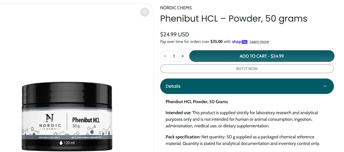 A screenshot posted to r/phenibut in January 2026 of the Nordic Chems listing for Phenibut HCL, Powder, 50 grams: a black jar labelled Nordic Chems Phenibut HCl 50 g, Research use only, Not for human consumption, an Add to cart button, and the intended-use text.