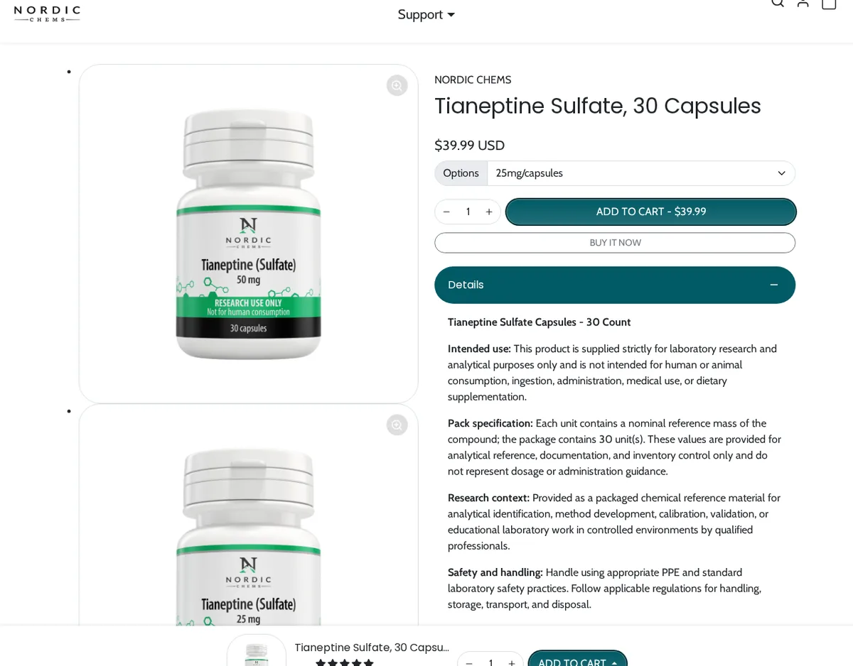 The Nordic Chems product page for Tianeptine Sulfate, 30 Capsules, in February 2026: a white bottle labelled Tianeptine (Sulfate) 50 mg, Research use only, Not for human consumption, 30 capsules; an options menu set to 25 mg capsules; and text saying the product is for laboratory research only, not for human or animal consumption, and that each unit contains a nominal reference mass of the compound which does not represent dosage.