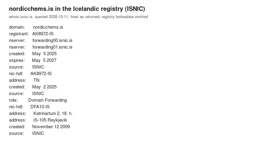 The Icelandic registry's record for nordicchems.is: domain created May 5 2025, expires May 5 2027, registrant handle AK8972-IS created May 2 2025 with the address TN, and name servers run by the registry's forwarding service.