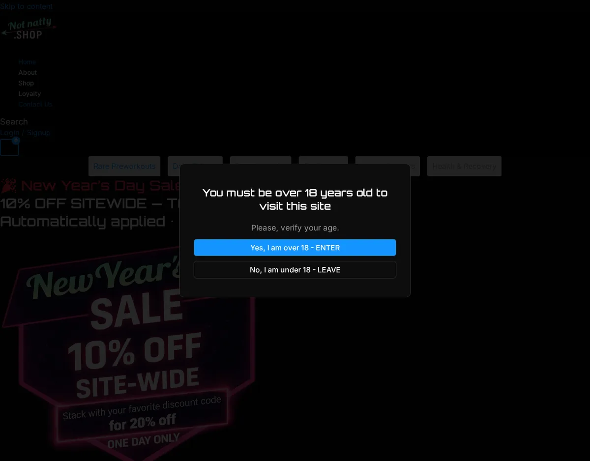 The notnatty.shop home page dimmed behind a dialog reading 'You must be over 18 years old to visit this site. Please, verify your age.' with buttons to enter or leave; a New Year's sale banner shows behind it.