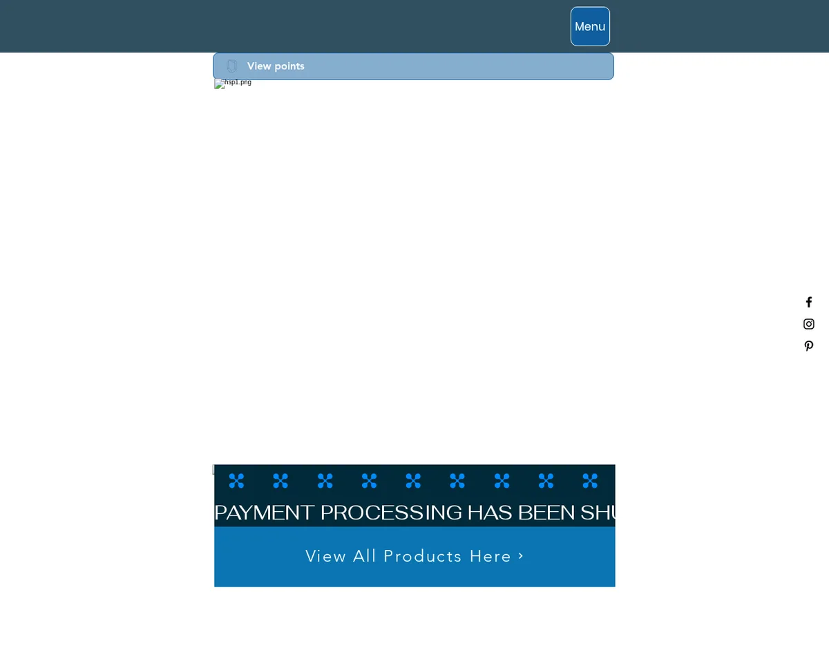 The highstimpreworkout.com home page with broken product images and a dark banner reading 'PAYMENT PROCESSING HAS BEEN SHU', cut off at the edge, above a 'View All Products Here' button.