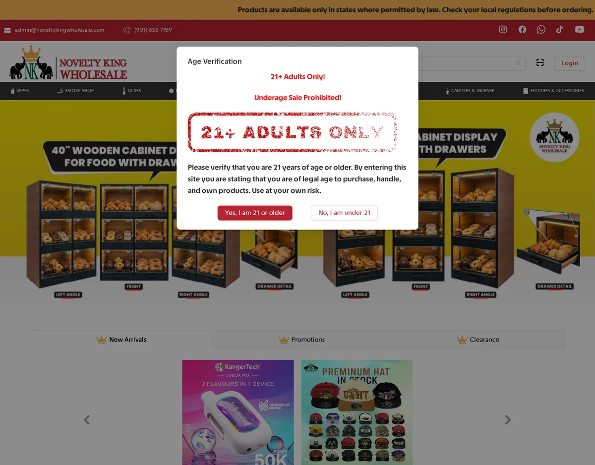 The Novelty King Wholesale site with an Age Verification window over it: 21+ Adults Only, Underage Sale Prohibited, and two buttons, Yes, I am 21 or older and No, I am under 21.