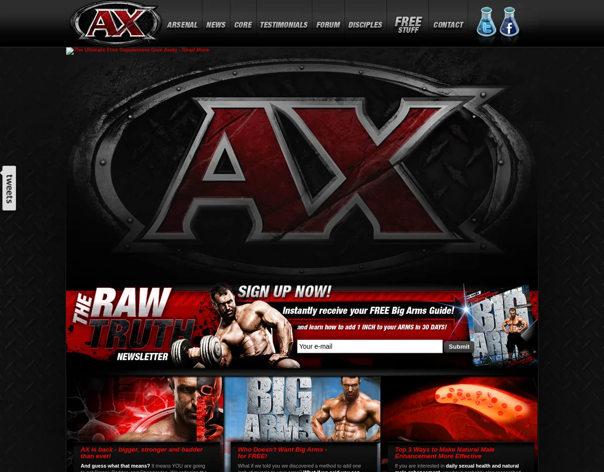 The athleticxtreme.com home page in August 2010: a large AX logo in red and grey, menu items Arsenal, News, Core, Testimonials, Forum, Disciples, Free Stuff and Contact, a Raw Truth newsletter banner offering a free Big Arms guide, and three article tiles.